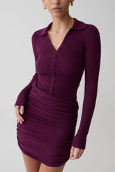 Agness Long Sleeve Button Up Knit Dress - Plum